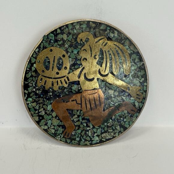 VTG Taxco Mexico Sterling Silver Copper Brass Turquoise Mosaic Pin Pendant CHC - Picture 3 of 7